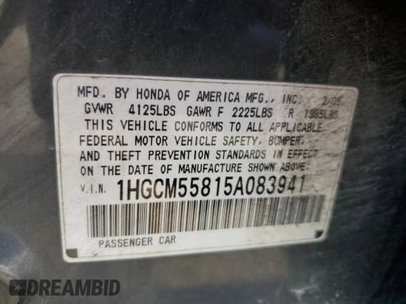 2005 Honda Accord EX-L с VIN 1HGCM55815A083941, выставлен на аукционе Copart как лот 67269175 с пробегом 167 229 миль миль и Списание • Salvage title. История ставок и продаж доступна на DreamBid. Изображение 12.