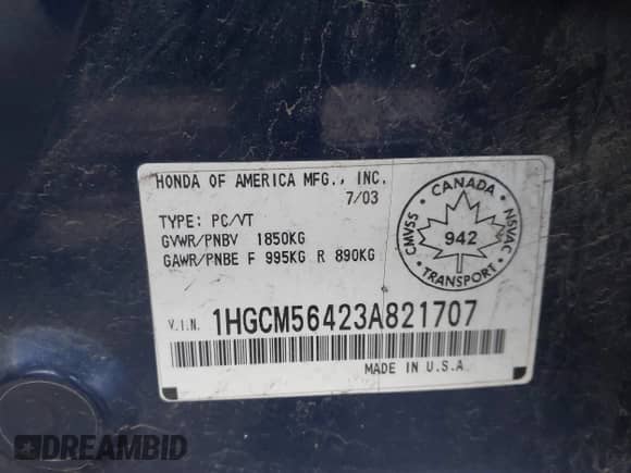 2003 Honda Accord LX with VIN 1HGCM56423A821707, listed as a IAAI auction lot 41796635 with 388,487 mi miles and . Bid and sale history available at DreamBid. Image 9.