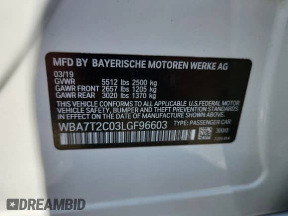 2020 BMW 7 Series 740i with VIN WBA7T2C03LGF96603, listed as a Copart auction lot 61264975 with 58,459 mi miles and Salvage title. Bid and sale history available at DreamBid. Image 12.