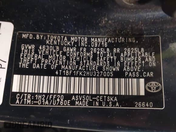 2017 Toyota Camry XLE с VIN 4T1BF1FK2HU327005, выставлен на аукционе IAAI как лот 43061827 с пробегом Не указан миль и . История ставок и продаж доступна на DreamBid. Изображение 9.