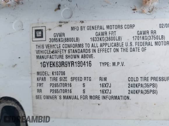 2000 Cadillac Escalade with VIN 1GYEK63R9YR180416, listed as a IAAI auction lot 42200278 with 145,848 mi miles and . Bid and sale history available at DreamBid. Image 9.