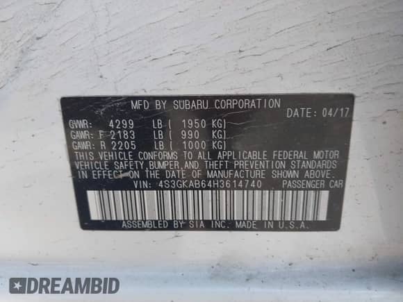 2017 Subaru Impreza Premium with VIN 4S3GKAB64H3614740, listed as a IAAI auction lot 42568465 with 166,340 mi miles and . Bid and sale history available at DreamBid. Image 9.