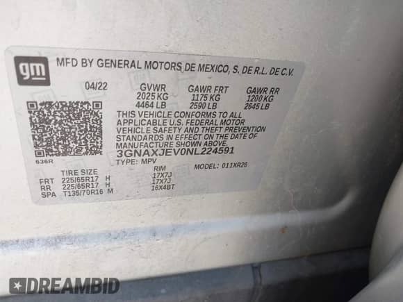 2022 Chevrolet Equinox LT с VIN 3GNAXJEV0NL224591, выставлен на аукционе IAAI как лот 42593091 с пробегом 117 746 миль миль и . История ставок и продаж доступна на DreamBid. Изображение 9.
