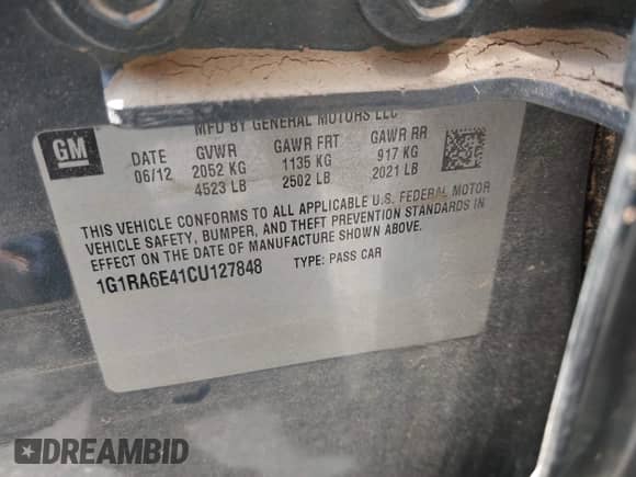 2012 Chevrolet Volt with VIN 1G1RA6E41CU127848, listed as a IAAI auction lot 42715471 with Not provided miles and . Bid and sale history available at DreamBid. Image 9.