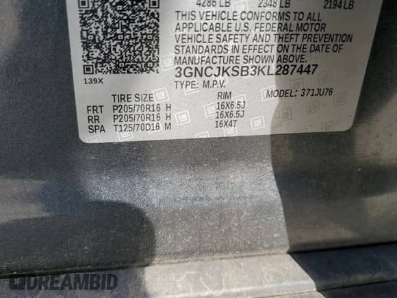 2019 Chevrolet Trax LS with VIN 3GNCJKSB3KL287447, listed as a Copart auction lot 55513865 with 138,153 mi miles and Salvage title. Bid and sale history available at DreamBid. Image 12.