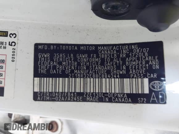 2008 Toyota Corolla CE with VIN 2T1BR32E88C884344, listed as a IAAI auction lot 43248849 with 172,158 mi miles and . Bid and sale history available at DreamBid. Image 9.