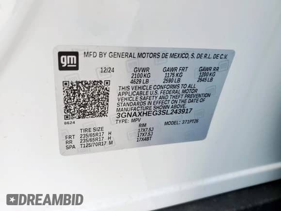 2025 Chevrolet Equinox FWD LT с VIN 3GNAXHEG3SL243917, выставлен на аукционе Copart как лот 69705035 с пробегом Не указан миль и Списание • Salvage title. История ставок и продаж доступна на DreamBid. Изображение 12.