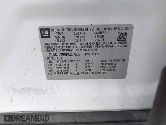 2017 Chevrolet Trax LT с VIN 3GNCJLSB9HL267556, выставлен на аукционе IAAI как лот 43396726 с пробегом 98 697 миль миль и . История ставок и продаж доступна на DreamBid. Изображение 9.
