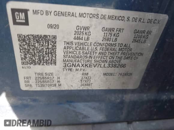 2020 Chevrolet Equinox LT z VIN 3GNAXKEV7LL338266, wystawiony jako IAAI lot #41685978 z przebiegiem 132 552 mil mil oraz . Historia ofert i sprzedaży dostępna na DreamBid. Obrazek 9.