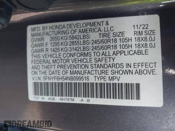 2022 Honda Pilot EX-L with VIN 5FNYF6H54NB099516, listed as a IAAI auction lot 43334754 with 44,731 mi miles and . Bid and sale history available at DreamBid. Image 9.