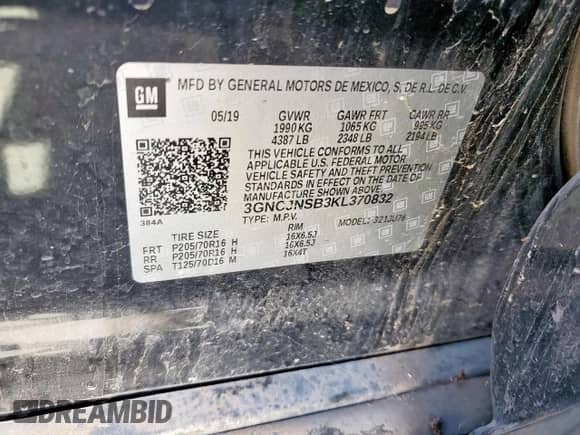 2019 Chevrolet Trax LS with VIN 3GNCJNSB3KL370832, listed as a Copart auction lot 84656515 with 55,238 mi miles and Salvage title. Bid and sale history available at DreamBid. Image 13.