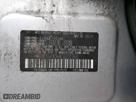 2012 Subaru Impreza Premium with VIN JF1GPAD68CG201760, listed as a Copart auction lot 71925385 with 137,667 mi miles and Clean title. Bid and sale history available at DreamBid. Image 12.