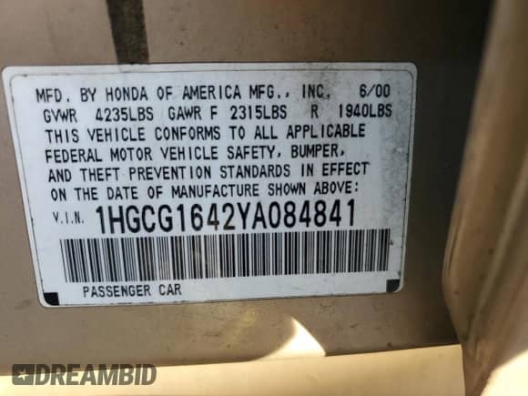 2000 Honda Accord LX с VIN 1HGCG1642YA084841, выставлен на аукционе Copart как лот 72237974 с пробегом Не указан миль и Списание • Salvage title. История ставок и продаж доступна на DreamBid. Изображение 10.