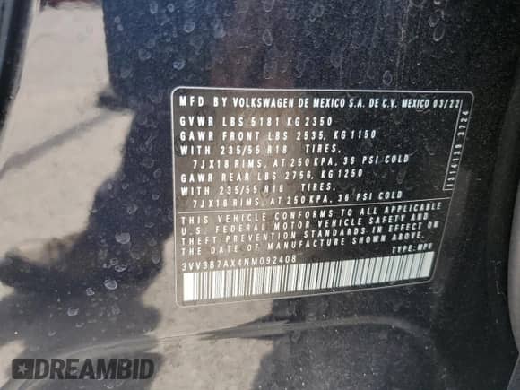 2022 Volkswagen Tiguan SE z VIN 3VV3B7AX4NM092408, wystawiony jako Copart lot #80062245 z przebiegiem 36 502 mil mil oraz Szkoda całkowita • Salvage title. Historia ofert i sprzedaży dostępna na DreamBid. Obrazek 12.