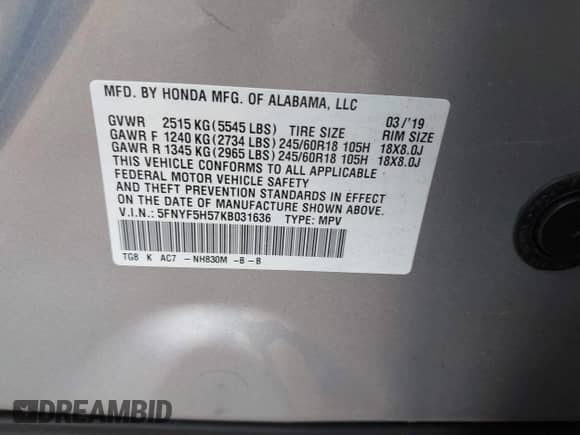 2019 Honda Pilot EX-L z VIN 5FNYF5H57KB031636, wystawiony jako IAAI lot #43281103 z przebiegiem 89 628 mil mil oraz . Historia ofert i sprzedaży dostępna na DreamBid. Obrazek 9.