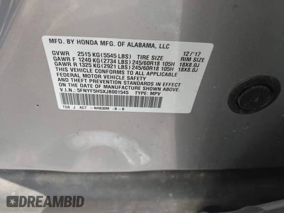 2018 Honda Pilot EX-L with VIN 5FNYF5H5XJB001545, listed as a IAAI auction lot 42865283 with 75,577 mi miles and . Bid and sale history available at DreamBid. Image 9.