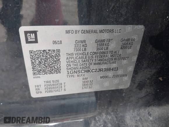 2018 Chevrolet Suburban LT с VIN 1GNSCHKC2JR359411, выставлен на аукционе IAAI как лот 43042117 с пробегом 178 519 миль миль и . История ставок и продаж доступна на DreamBid. Изображение 9.