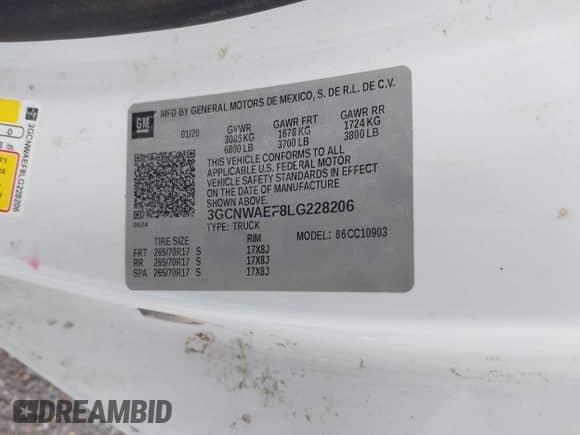 2020 Chevrolet Silverado 1500 Work Truck with VIN 3GCNWAEF8LG228206, listed as a IAAI auction lot 42151947 with 73,333 mi miles and . Bid and sale history available at DreamBid. Image 9.