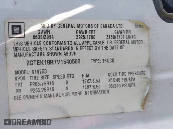 1997 GMC Sierra 1500 с VIN 2GTEK19R7V1540500, выставлен на аукционе IAAI как лот 42349701 с пробегом 230 832 миль миль и . История ставок и продаж доступна на DreamBid. Изображение 9.