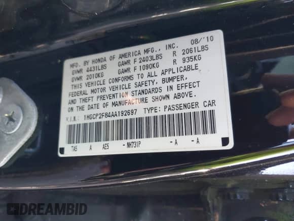 2010 Honda Accord EX-L with VIN 1HGCP2F84AA192697, listed as a IAAI auction lot 43377683 with 206,051 mi miles and . Bid and sale history available at DreamBid. Image 9.