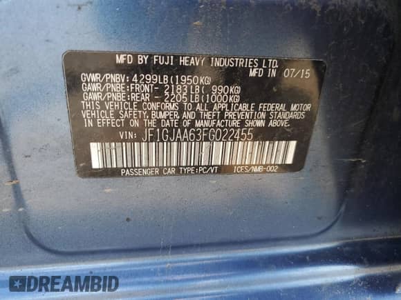 2015 Subaru Impreza with VIN JF1GJAA63FG022455, listed as a Copart auction lot 55829975 with 120,652 mi miles and Salvage title. Bid and sale history available at DreamBid. Image 12.