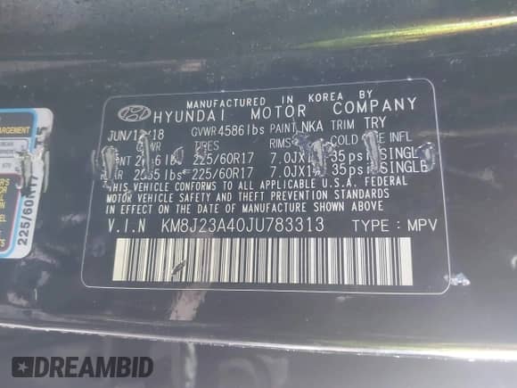 2018 Hyundai Tucson SE with VIN KM8J23A40JU783313, listed as a IAAI auction lot 43278984 with 73,308 mi miles and . Bid and sale history available at DreamBid. Image 9.