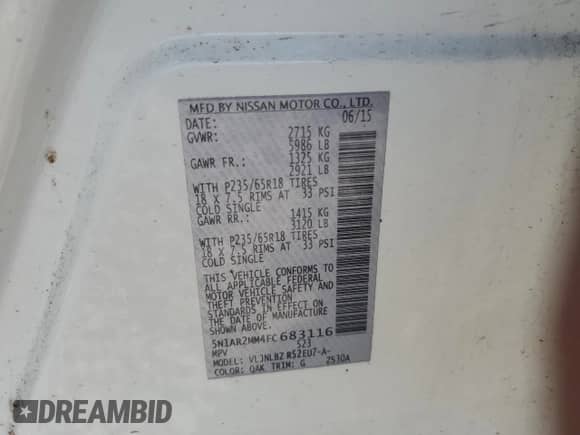 2015 Nissan Pathfinder SL с VIN 5N1AR2MM4FC683116, выставлен на аукционе Copart как лот 80461985 с пробегом 107 272 миль миль и Чистый • Clean title. История ставок и продаж доступна на DreamBid. Изображение 13.