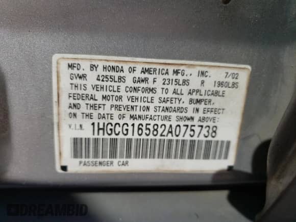 2002 Honda Accord EX with VIN 1HGCG16582A075738, listed as a Copart auction lot 42964715 with 276,765 mi miles and Salvage title. Bid and sale history available at DreamBid. Image 14.