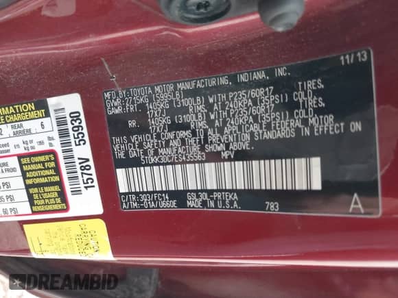 2014 Toyota Sienna LE AAS with VIN 5TDKK3DC7ES435563, listed as a IAAI auction lot 43014633 with 201,161 mi miles and . Bid and sale history available at DreamBid. Image 9.