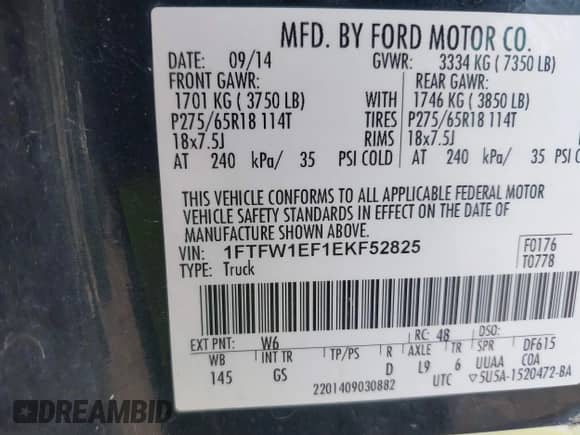 2014 Ford F-150 FX4 z VIN 1FTFW1EF1EKF52825, wystawiony jako IAAI lot #40255220 z przebiegiem 199 855 mil mil oraz . Historia ofert i sprzedaży dostępna na DreamBid. Obrazek 9.