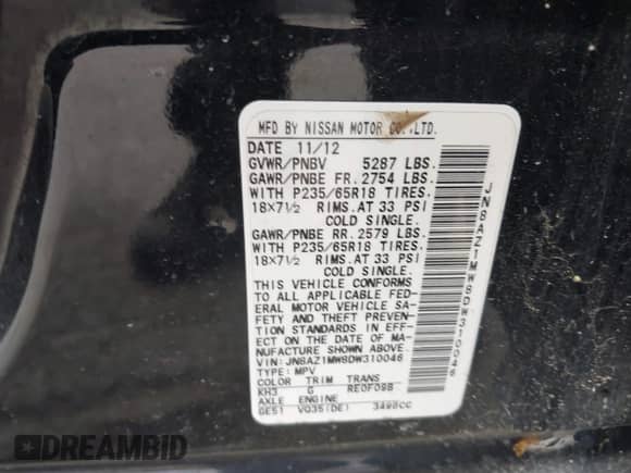 2013 Nissan Murano SV с VIN JN8AZ1MW8DW310046, выставлен на аукционе IAAI как лот 42127615 с пробегом 171 765 миль миль и . История ставок и продаж доступна на DreamBid. Изображение 9.