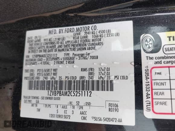 2012 Ford Mustang Premium с VIN 1ZVBP8AM2C5251112, выставлен на аукционе IAAI как лот 43363459 с пробегом 226 839 миль миль и . История ставок и продаж доступна на DreamBid. Изображение 9.