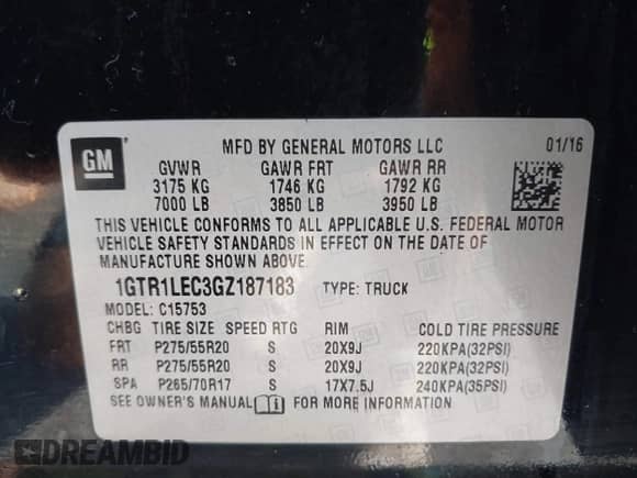 2016 GMC Sierra 1500 with VIN 1GTR1LEC3GZ187183, listed as a IAAI auction lot 42835303 with 205,638 mi miles and . Bid and sale history available at DreamBid. Image 9.