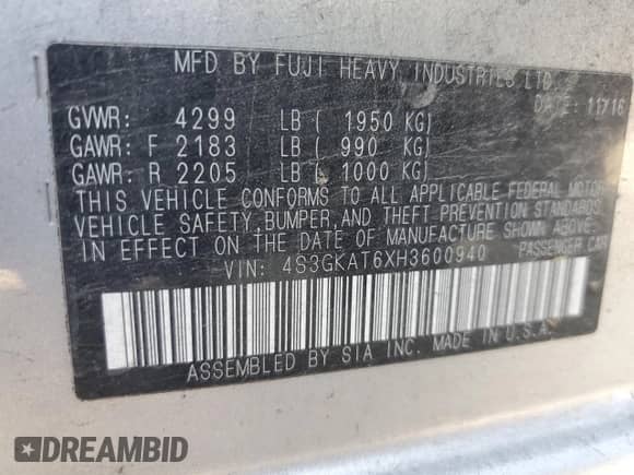 2017 Subaru Impreza Limited с VIN 4S3GKAT6XH3600940, выставлен на аукционе Copart как лот 84793805 с пробегом 63 635 миль миль и Списание • Salvage title. История ставок и продаж доступна на DreamBid. Изображение 13.