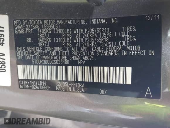 2012 Toyota Sienna XLE with VIN 5TDDK3DC9CS036188, listed as a IAAI auction lot 42992655 with 108,889 mi miles and . Bid and sale history available at DreamBid. Image 9.