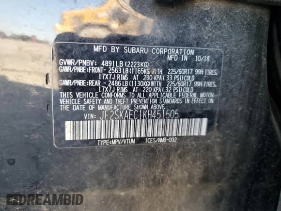 2019 Subaru Forester Premium z VIN JF2SKAEC1KH451505, wystawiony jako Copart lot #84276575 z przebiegiem 159 229 mil mil oraz Szkoda całkowita • Salvage title. Historia ofert i sprzedaży dostępna na DreamBid. Obrazek 13.