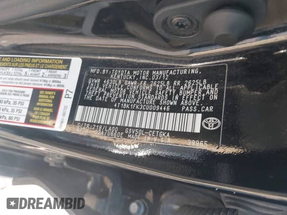 2012 Toyota Camry XLE with VIN 4T1BK1FK3CU009446, listed as a IAAI auction lot 43222348 with 99,378 mi miles and . Bid and sale history available at DreamBid. Image 9.