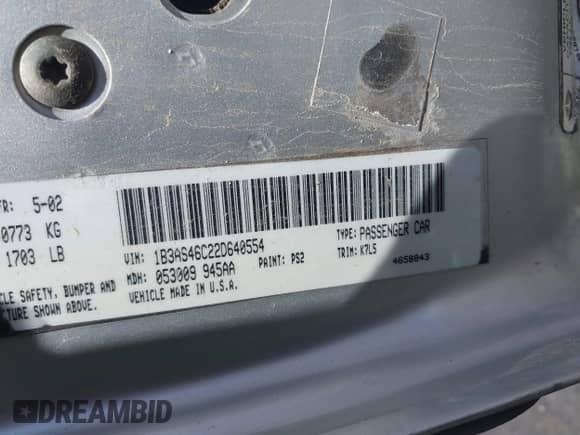 2002 Dodge Neon SE with VIN 1B3AS46C22D640554, listed as a IAAI auction lot 42871122 with 162,958 mi miles and . Bid and sale history available at DreamBid. Image 9.