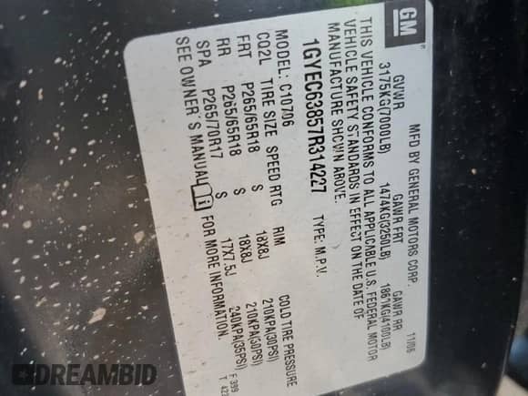 2007 Cadillac Escalade z VIN 1GYEC63857R314227, wystawiony jako Copart lot #61142225 z przebiegiem 90 009 mil mil oraz Szkoda całkowita • Salvage title. Historia ofert i sprzedaży dostępna na DreamBid. Obrazek 13.