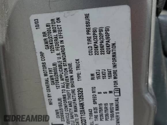 2004 Chevrolet S-10 LS z VIN 1GCDT13X44K126329, wystawiony jako Copart lot #53746255 z przebiegiem 111 387 mil mil oraz Szkoda całkowita • Salvage title. Historia ofert i sprzedaży dostępna na DreamBid. Obrazek 14.