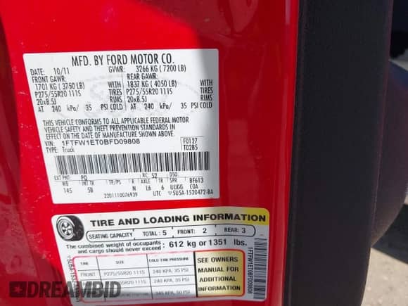 2011 Ford F-150 XLT with VIN 1FTFW1ET0BFD09808, listed as a IAAI auction lot 42694443 with 217,786 mi miles and . Bid and sale history available at DreamBid. Image 9.