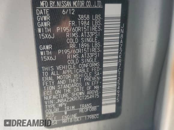 2012 Nissan Cube S с VIN JN8AZ2KR7CT254975, выставлен на аукционе Copart как лот 53358695 с пробегом 176 128 миль миль и Списание • Salvage title. История ставок и продаж доступна на DreamBid. Изображение 13.