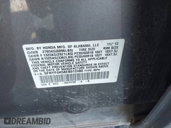 2014 Honda Pilot EX-L z VIN 5FNYF4H58EB012480, wystawiony jako IAAI lot #42845876 z przebiegiem 131 996 mil mil oraz . Historia ofert i sprzedaży dostępna na DreamBid. Obrazek 9.