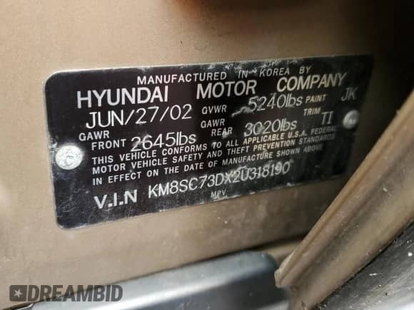 2002 Hyundai Santa Fe GLS с VIN KM8SC73DX2U318190, выставлен на аукционе Copart как лот 64256634 с пробегом 123 993 миль миль и На запчасти • Non repairable. История ставок и продаж доступна на DreamBid. Изображение 12.