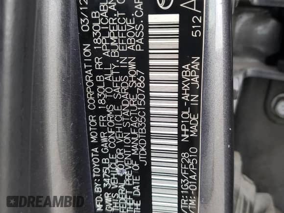 2012 Toyota Prius One with VIN JTDKDTB35C1507867, listed as a Copart auction lot 87456255 with 191,282 mi miles and Clean title. Bid and sale history available at DreamBid. Image 12.