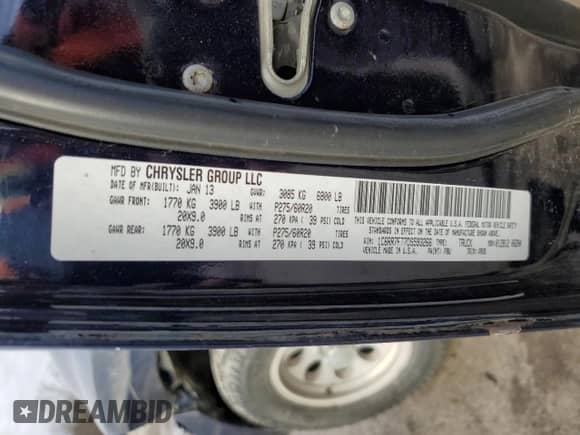 2013 Ram 1500 ST with VIN 1C6RR7FT7DS593266, listed as a Copart auction lot 86259654 with 164,902 mi miles and Salvage title. Bid and sale history available at DreamBid. Image 12.