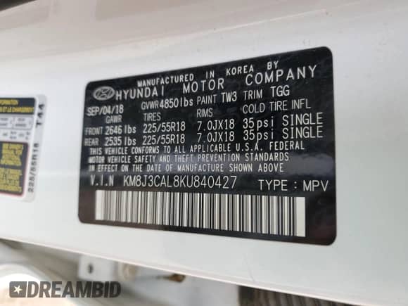 2019 Hyundai Tucson Ultimate с VIN KM8J3CAL8KU840427, выставлен на аукционе Copart как лот 84974425 с пробегом 64 879 миль миль и Списание • Salvage title. История ставок и продаж доступна на DreamBid. Изображение 13.