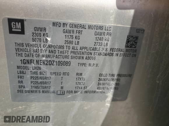 2013 Chevrolet Equinox LT z VIN 1GNFLNEK2DZ109089, wystawiony jako Copart lot #71734405 z przebiegiem 159 162 mil mil oraz Szkoda całkowita • Salvage title. Historia ofert i sprzedaży dostępna na DreamBid. Obrazek 14.