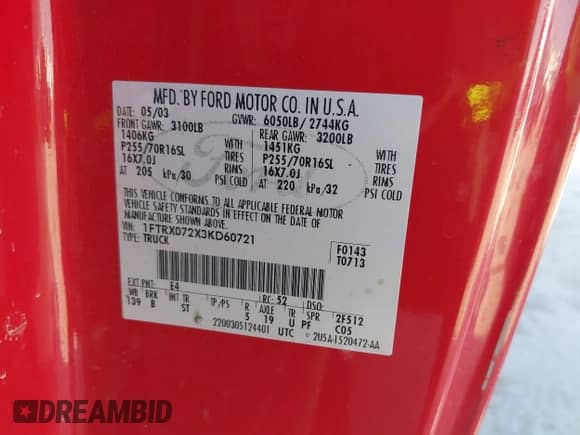 2003 Ford F-150 XL with VIN 1FTRX072X3KD60721, listed as a IAAI auction lot 43346686 with Not provided miles and . Bid and sale history available at DreamBid. Image 9.