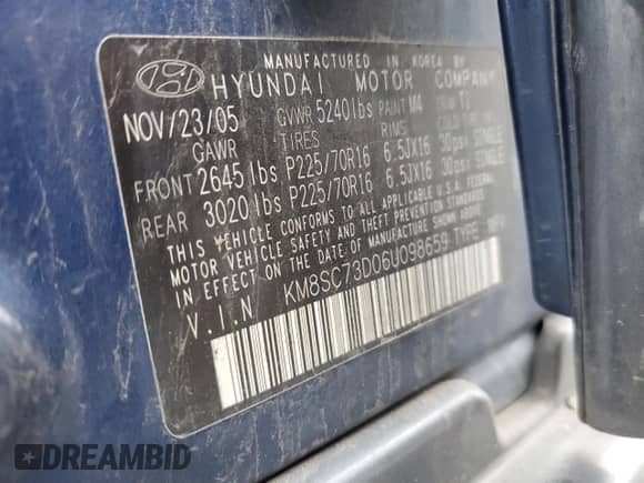 2006 Hyundai Santa Fe GLS с VIN KM8SC73D06U098659, выставлен на аукционе Copart как лот 87702155 с пробегом 164 576 миль миль и Списание • Salvage title. История ставок и продаж доступна на DreamBid. Изображение 16.